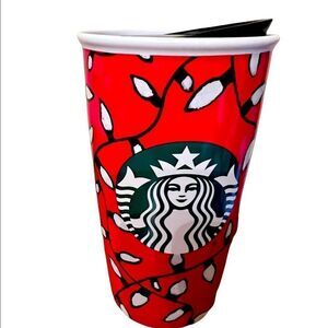 STARBUCKS 2016 HOLIDAY COFFEE CUP WITH LID CHRISTMAS LIGHTS